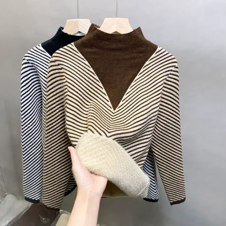 2023冬新款半高领一体绒毛衣女套头加绒加厚针织衫保暖打底衫女图片