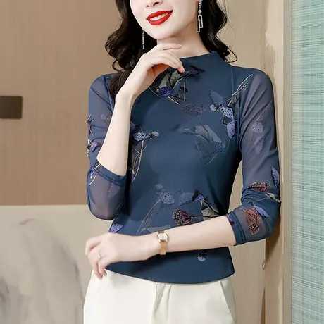 妈妈装加绒打底衫女秋冬洋气网纱印花长袖T恤减龄显瘦半高领上衣商品大图