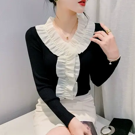 撞色黑白拼接V领针织衫性感木耳边上衣ins洋气修身减龄气质打底衫图片