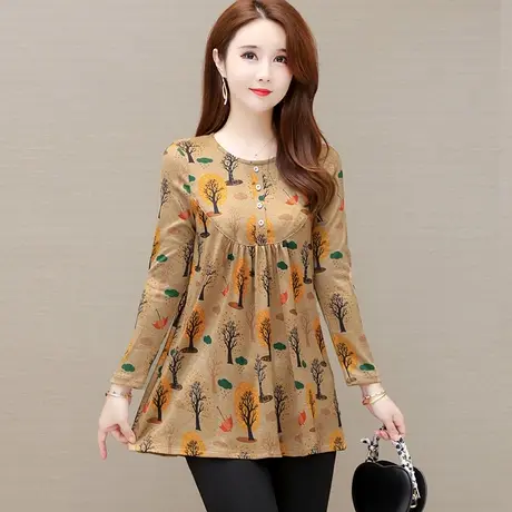 中长款2023秋装新款妈妈上衣时尚长袖女打底衫圆领印花爆款小衫女图片