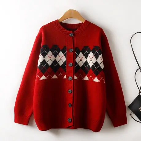 英伦风菱形格提花毛衣外套女秋冬圆领开衫宽松减龄毛衣上衣学院风图片