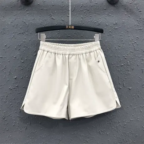 韩版2023秋新款松紧腰PU皮短裤高腰显瘦阔腿裤开叉设计感休闲裤子商品大图