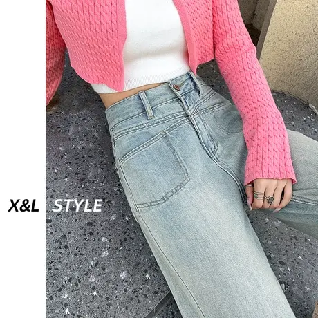 浅色高腰直筒牛仔裤女秋2023秋季新款设计感窄版显瘦百搭阔腿裤子图片