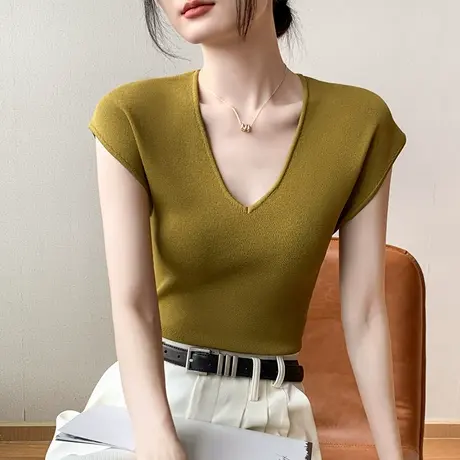 冰丝短袖t恤女2023夏季新款bf遮副乳收腰显瘦背心坎肩无袖V领上衣商品大图