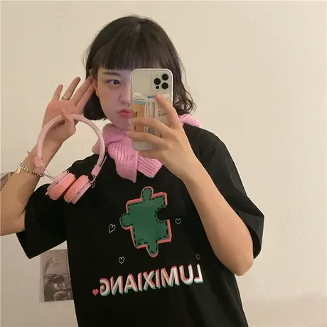 红续美式复古设计感小众立体拼图印花纯棉短袖T恤女2023夏季新款图片