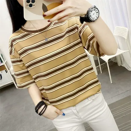 显白绿色条纹t恤女短袖夏季2023年新款薄款学生上衣宽松圆领体恤商品大图