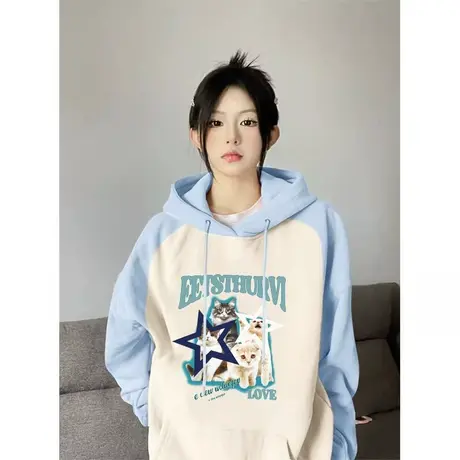 插肩袖拼色连帽卫衣女春秋薄款小众设计感oversize潮宽松外套上衣商品大图