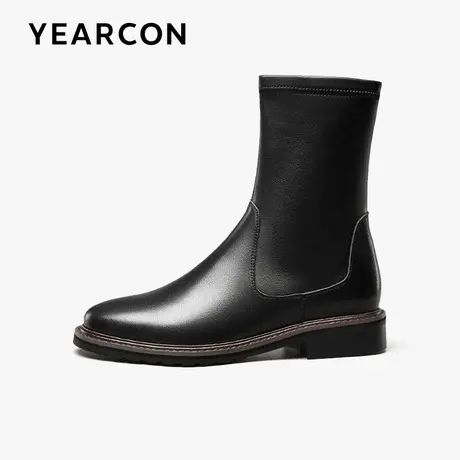 意尔康真皮弹力瘦瘦靴23秋冬新款低跟牛皮时装短靴通勤百搭中筒靴商品大图