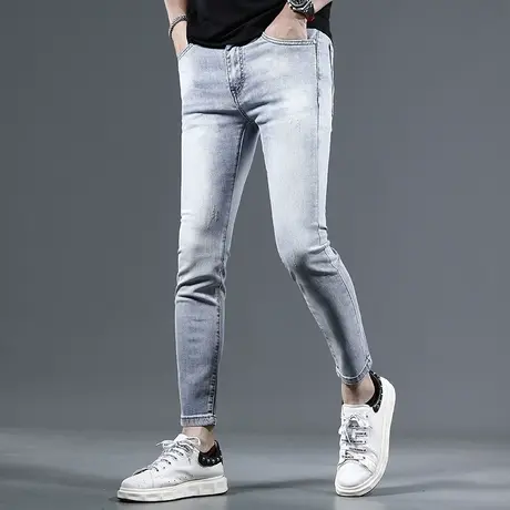 夏季薄款九分牛仔裤男修身小脚裤浅蓝色弹力休闲男士裤子9分夏天商品大图