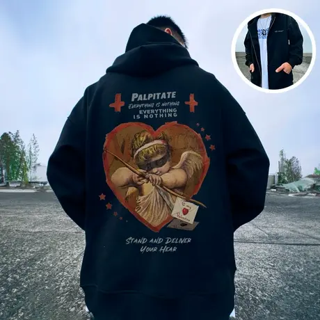 港风加肥加大码男装连帽胖子加绒外套拉链卫衣宽松休闲百搭春秋款商品大图