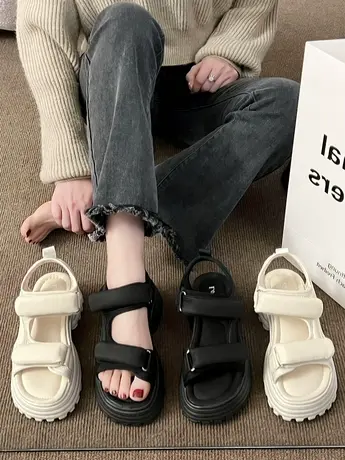 凉鞋女2023新款夏季松糕厚底增高休闲运动魔术贴罗马沙滩鞋配裙子商品大图