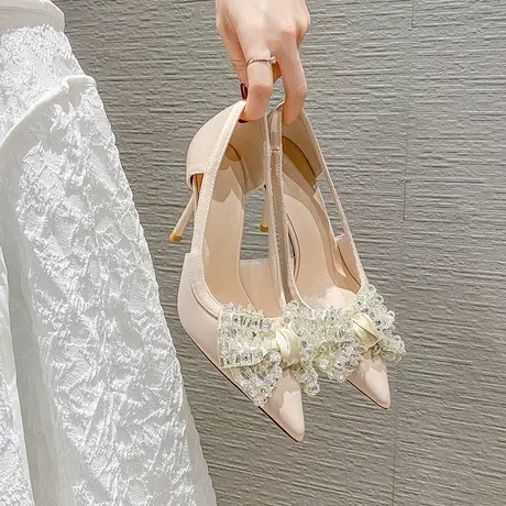 设计感小众蝴蝶结水钻高跟鞋女细跟2023夏季新款气质百搭尖头单鞋图片