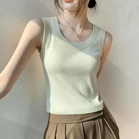 纯色冰丝吊带背心女2025夏季新款U领修身短款内搭针织条纹上衣商品大图