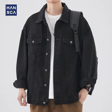 hansca美式工装翻领黑色牛仔外套男春秋季款水洗宽松大码上衣夹克商品大图