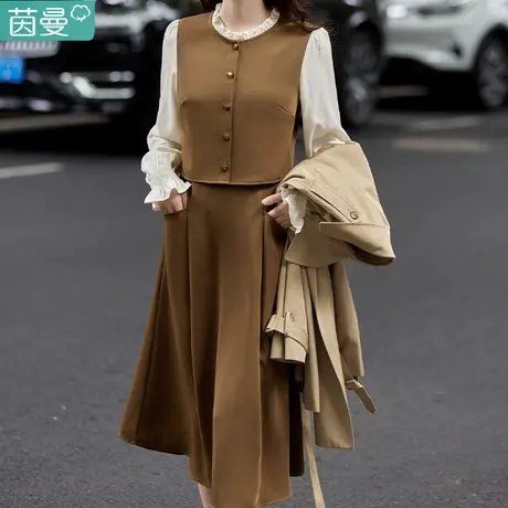 茵曼法式假两件长袖连衣裙女装秋装2023年新款裙子长裙垂坠感打底商品大图