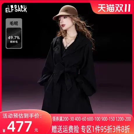 妖精的口袋黑色长款毛呢外套女2023冬季新款小个子宽松气质呢大衣图片