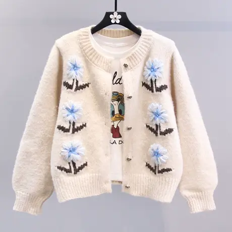 日系复古花朵毛衣外套女2023春装新款宽松显瘦小个子短款针织开衫图片