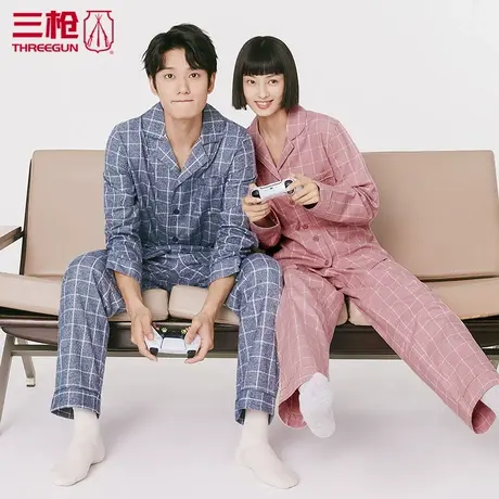 三枪睡衣男秋季纯棉女家居服套装彩格绒布男士长袖起居服冬81985商品大图