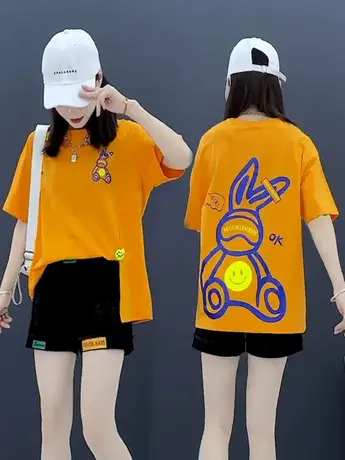 卡通小兔开叉圆领短袖T恤女2023年夏季中长款百搭宽松上衣打底衫商品大图