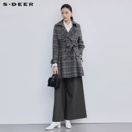 sdeer圣迪奥女装翻领收腰格纹长款修身毛呢外套大衣S224Z2505图片