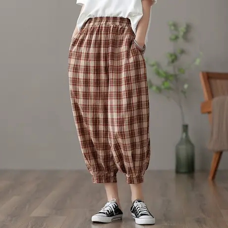 dza 高腰显瘦棉麻宽松阔腿裤子女士夏季九分格子裤直筒复古亚麻裤图片