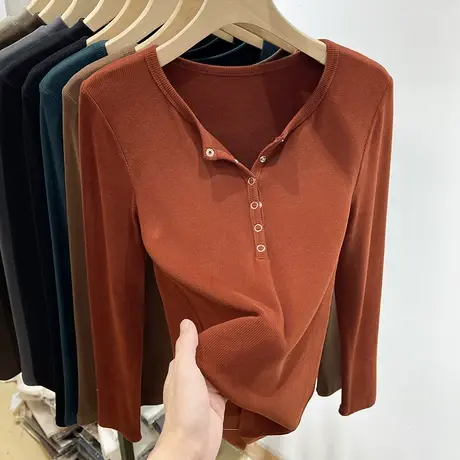 欧货双面磨毛螺纹纽扣长袖t恤女2023新款修身内搭保暖打底衫上衣图片