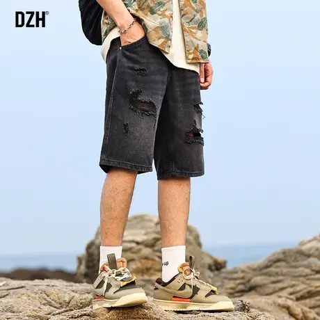 男生黑色破洞牛仔短裤男美式潮牌休闲五分裤夏季薄款裤子2023新款商品大图