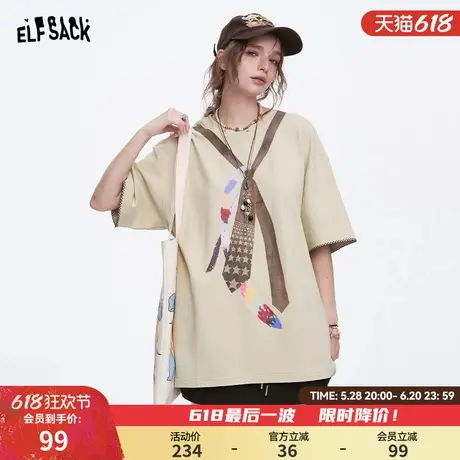 妖精的口袋领带印花短袖t恤女2025年春夏新款设计感小众休闲上衣商品大图