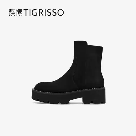 蹀愫冬绒面黑色弹力靴厚底增高拉链女鞋靴子TA54760-50商品大图