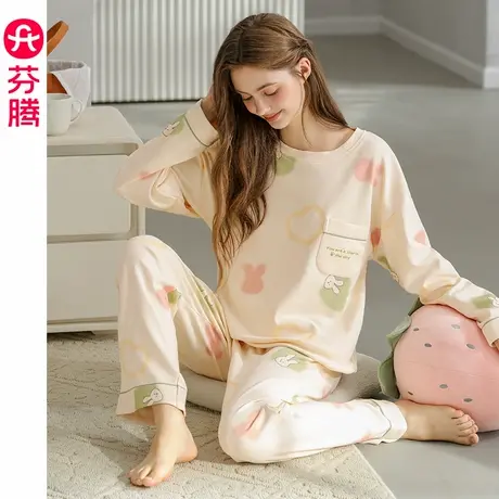 芬腾纯棉睡衣女士春秋季长袖圆领套装宽松休闲大码新款全棉家居服商品大图