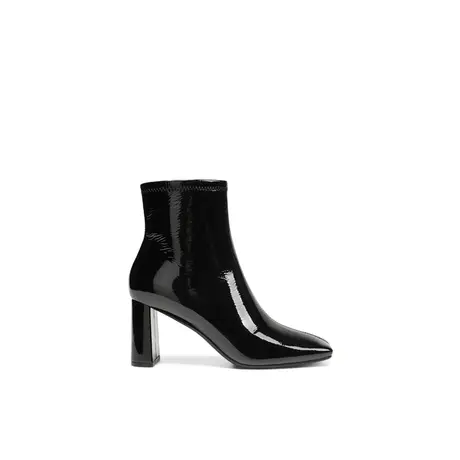 VME/舞魅漆面粗跟短筒靴黑色鞋子女ins潮百搭小众秋冬新款烟筒靴图片