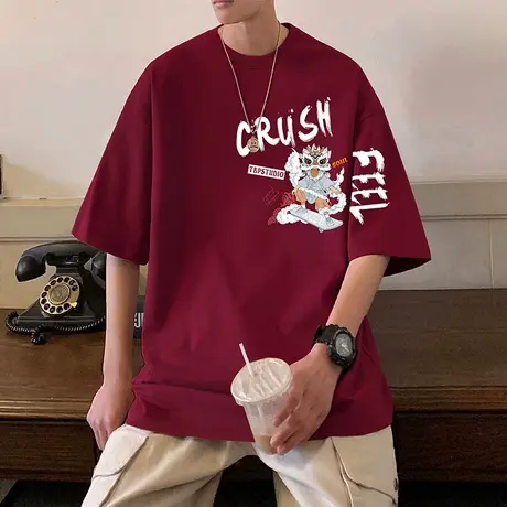 中国风醒狮宽松纯棉短袖T恤男夏季新款港风青少年国潮半袖体恤衫商品大图