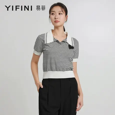 [专柜同款]Yifini/易菲翻领黑白条纹短款通勤针织衫女夏季新款款商品大图