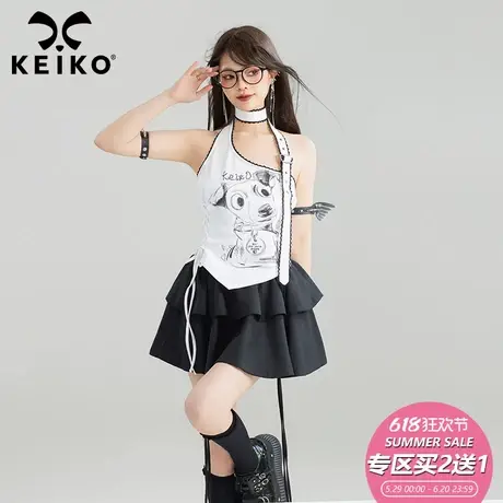 KEIKO 美式卡通印花挂脖背心25夏季机能风辣妹绑带收腰性感小吊带图片