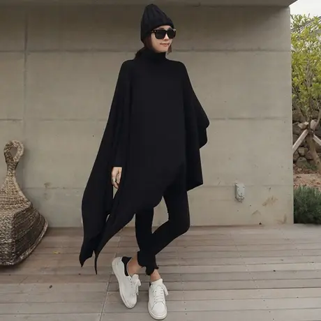 蝙蝠袖斗篷秋冬披肩毛线外套宽松高领中长款加厚针织衫套头毛衣女图片