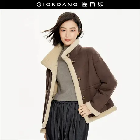 佐丹奴外套女装厚实皮毛一体针织立领宽松外套 18373211图片