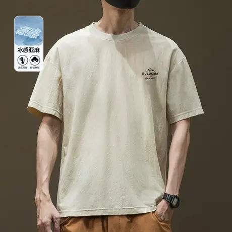 肌理感冰感亚麻印花短袖T恤男简约2025夏季新款宽松大码半袖体恤图片