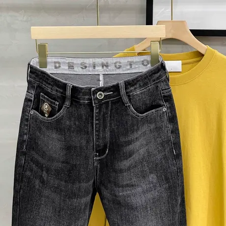 高端质感黑灰牛仔裤男潮牌直筒长裤2023新款秋冬韩版弹力修身小脚图片