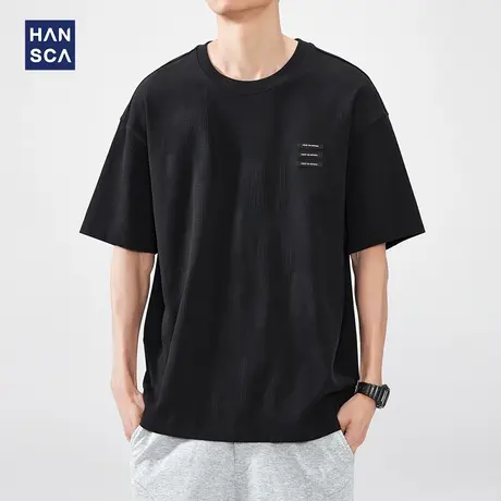 hansca 日系休闲圆领短袖T恤男2025夏季新款宽松撞色黑色休闲上衣商品大图