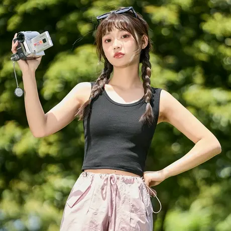 唐狮背心女白色打底衫夏季新款吊带外穿无袖纯色针织短款上衣图片