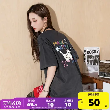 唐狮短袖T恤女2025新款独特印花宽松夏日ootd穿搭灰色宽松上衣商品大图