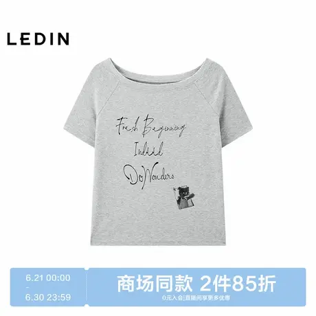 【商场同款】乐町一字肩短袖T恤夏季新款灰色字母上衣C2CNF2740商品大图