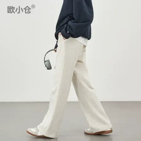 欧小仓 轻运动系列  重磅毛圈阔腿裤 松紧腰抽绳绗缝直筒运动裤图片