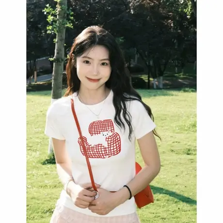 白色正肩短袖t恤女2025新款夏季修身显瘦体恤百搭上衣设计感小众商品大图