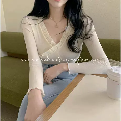 当天发 韩国新款喜欢蜜糖girl纯色修身V领长袖T恤8704图片