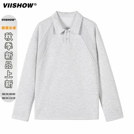 VIISHOW美式复古拼接POLO领长袖T恤男潮牌秋季纯色百搭翻领上衣商品大图