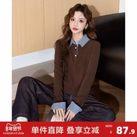 唐狮2026秋冬季女假两件长袖T恤翻领复古风时尚潮流宽松设计感图片