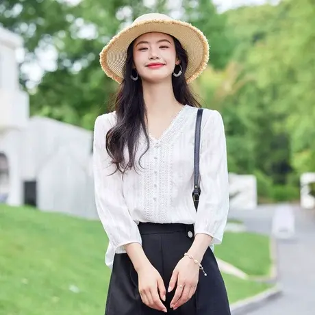 时尚气质长袖衬衫2023年夏季新款淑女温柔甜美V领显瘦通勤上衣商品大图