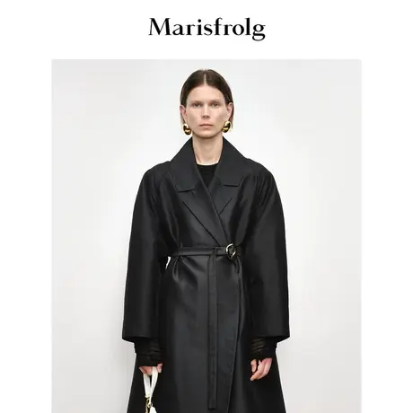 【商场同款】玛丝菲尔2023年秋季新款黑色插肩袖茧型收腰风衣外套商品大图