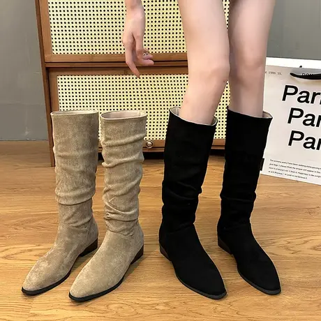 永希长筒靴女秋季新款2023复古时装绒面高筒靴气质尖头大筒围靴子商品大图